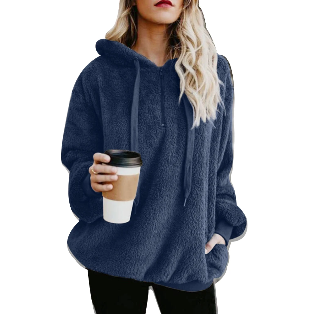 navy blue OEAK, женские флисовые толстовки,, длинный рукав, с капюшоном, пуловер, толстовка, Осень-зима, теплая, на молнии, с карманами, меховое пальто размера плюс, 5XL - Цвет: navy blue