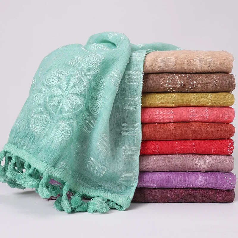 Женский мусульманский однотонный хиджаб шарф из хлопка и льна стразы головной