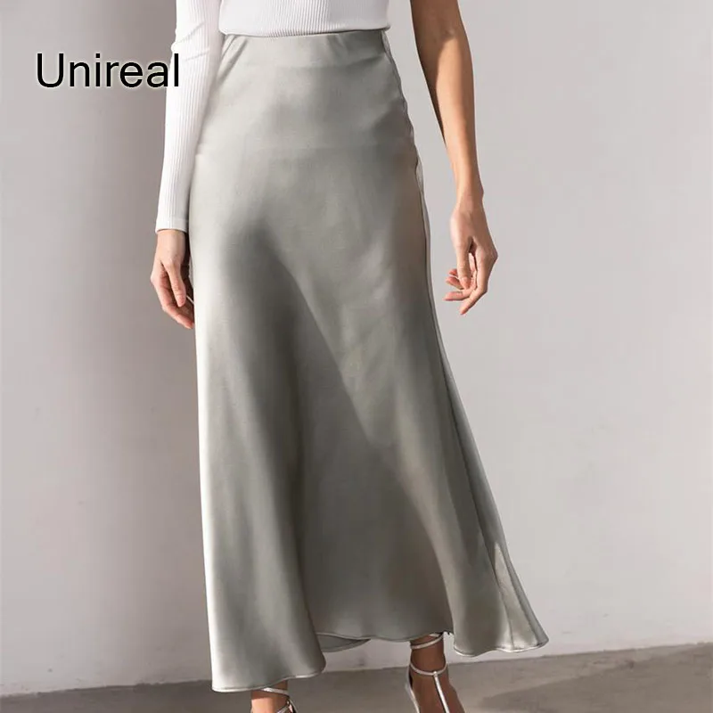 

Unireal 2022 Spring Women Satin Long Skirt Shiny Comfortable Official Lady Elegant Casual Female High Waist Maxi Skirt