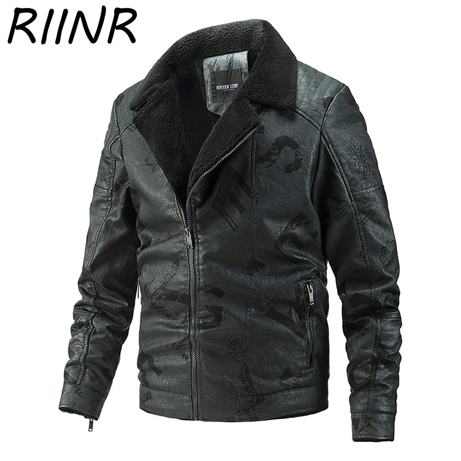 

Riinr 2021 осенне-зимняя кожаная мужская бархатная теплая куртка из искусственной кожи с паровозиком Трендовое пальто из искусственной кожи му...
