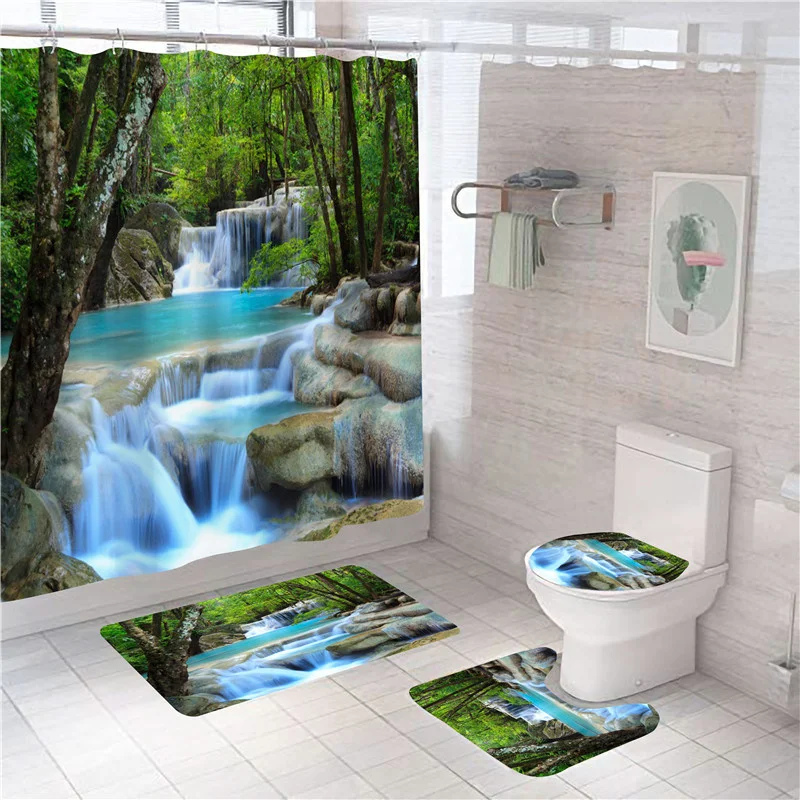 

Waterfall Scenery Shower Curtain 3pcs/4pcs Set Polyester Bathroom Partition Bathtub Screen Hd Casual Landscape Mat Set Rugs Home