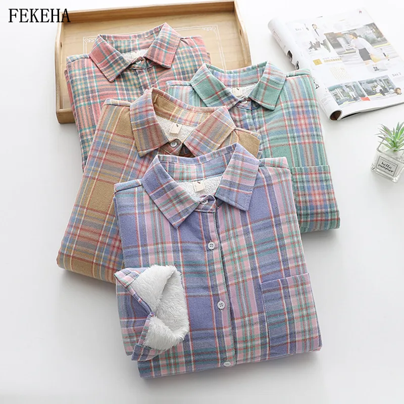 

Thick Velvet Plaid Shirts Womens Keep Warm Checked Blouses And Tops Cotton Long Sleeve Female Clothes Outwear Winter News