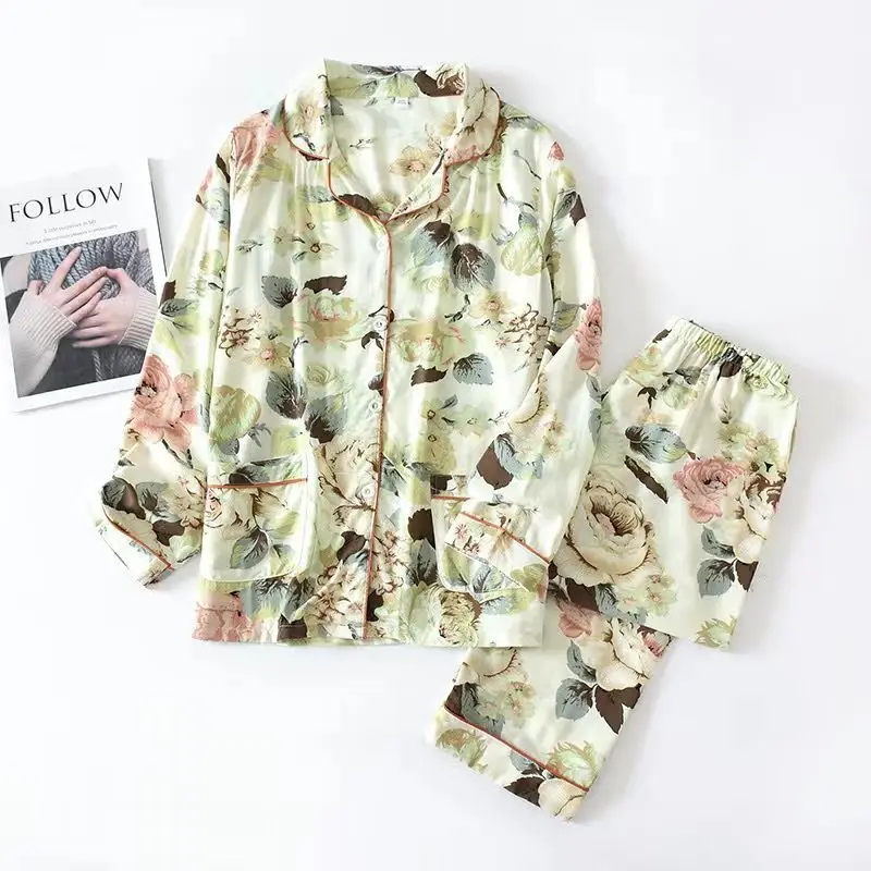 

100% Silk Pajamas Set Women Summer Flower Pyjamas Female Long Sleeve Shirt Pants Handwork Stitch Lingerie Striped Sleepwear
