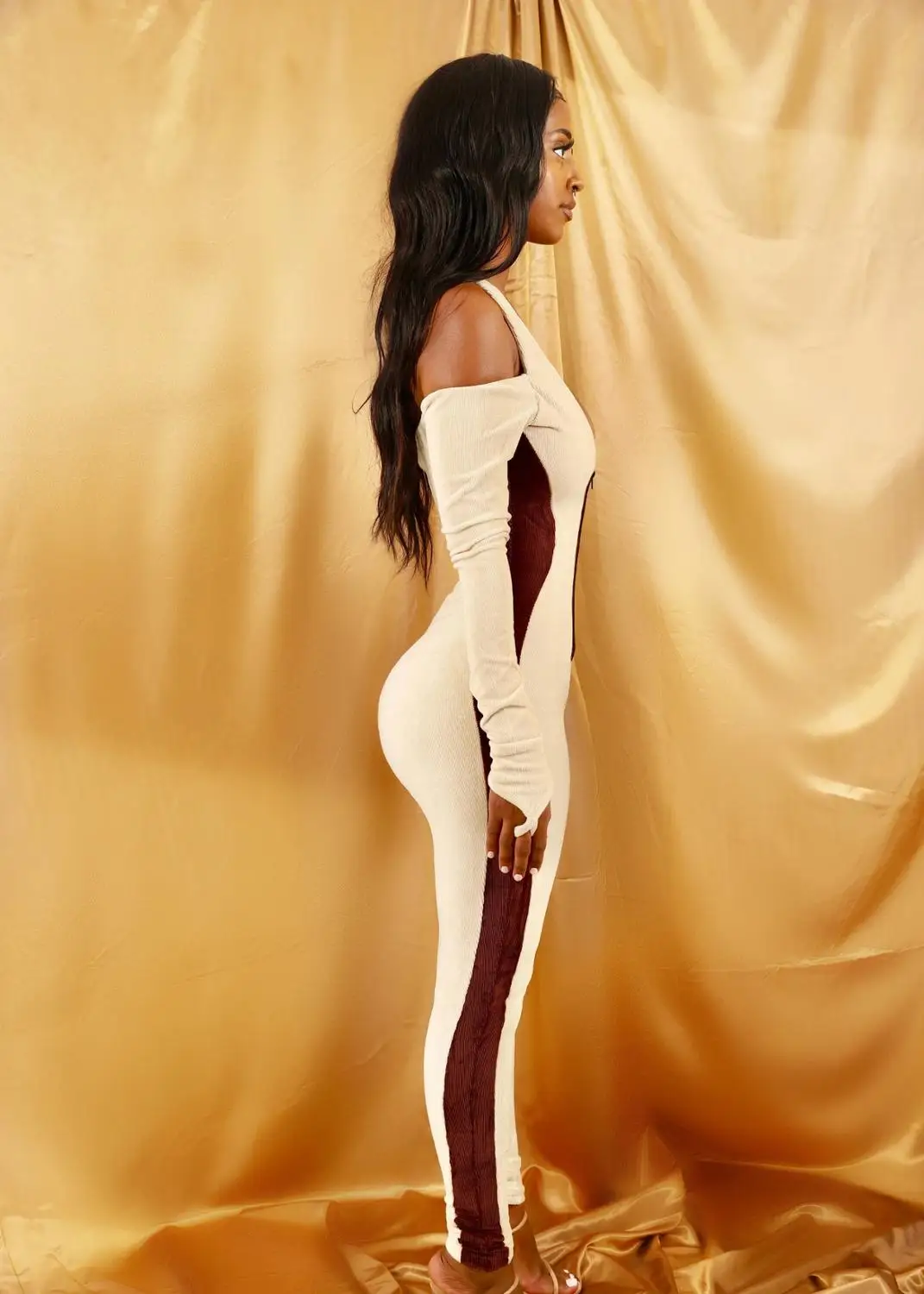 

Sexy Party Style Women Skinny Jumpsuits Long Sleeve Female's Deep V-neck Off-the-shoulder Zipper Patchwork Bodycon Pants Rompers