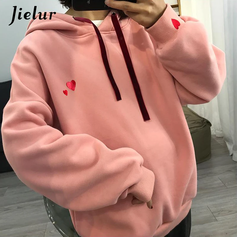 Jielur сердце вышивка Женская толстовка с капюшоном зимние свободные корейский