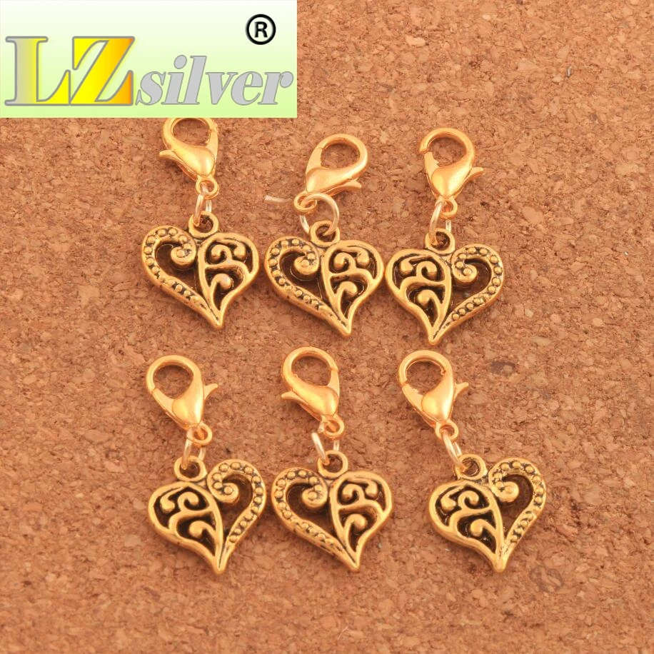 Open Flower Heart Lobster Claw Clasp Charm Beads 12.9x27.5mm 4Colors 100pcs zinc alloy Bronze  Jewelry DIY C919
