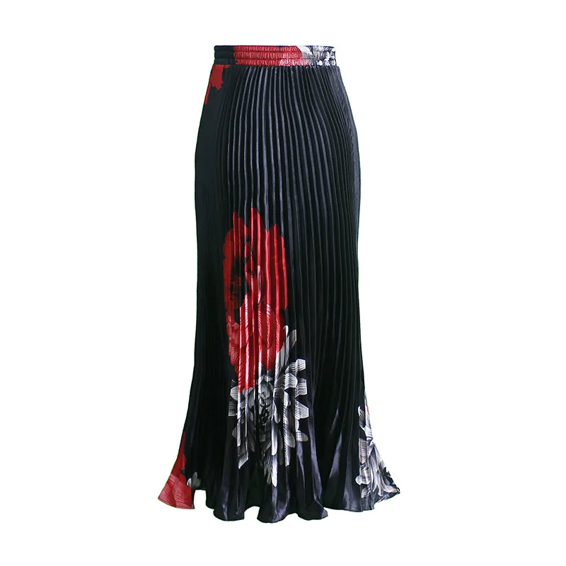 

GTGYFF Fashion Ladies Pleated Flower Skirts Vintage Blue Black Elastic High Waist Midi Casual Womens Skirts Summer 2021 Faldas