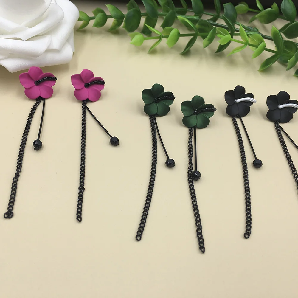 Женские серьги-гвоздики с цветком черные длинные серьги кисточками красного и