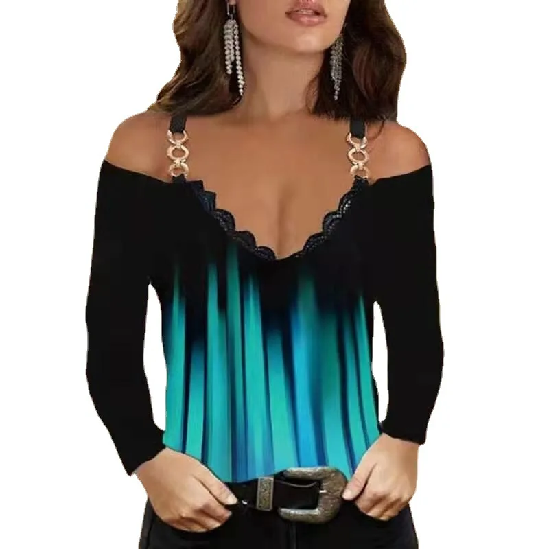 

Sexy Elegant Print Off Shoulder Top T-shirts Women 2021 Casual V Neck Lace Shirt Slim Fashion Ladies Sling T Shirt 5XL