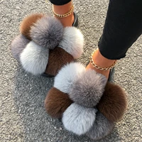 real fox raccoon fur slippers pom pom fur slides fluffy flip flops plush fur ball slippers flat summer sandals women house shoes