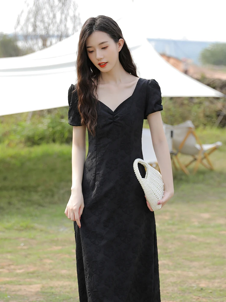 

Gentle French First Love Sweet Temperament White Black V-neck Puff Sleeve Dress Female Summer Long A-line Skirt New