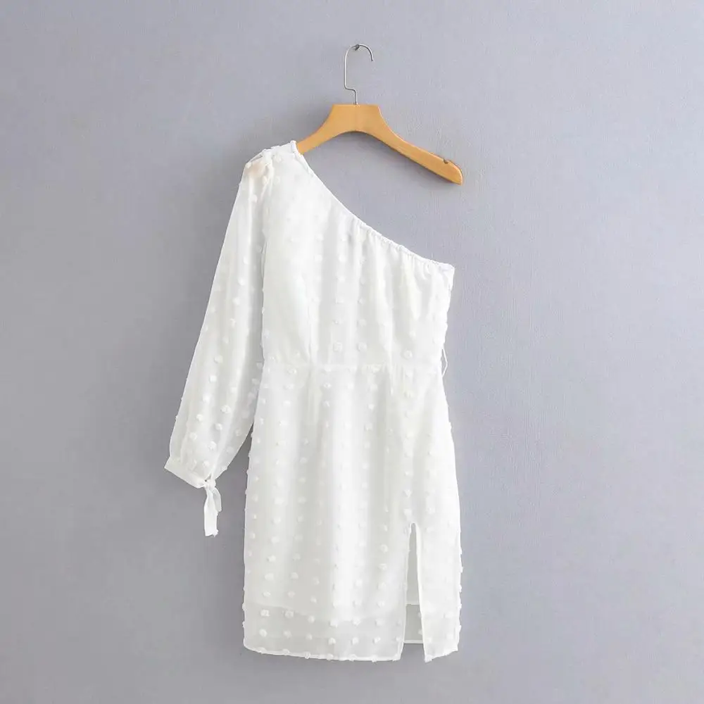 2020 женское Модное шифоновое платье в горошек с одним плечом разрезом на подоле