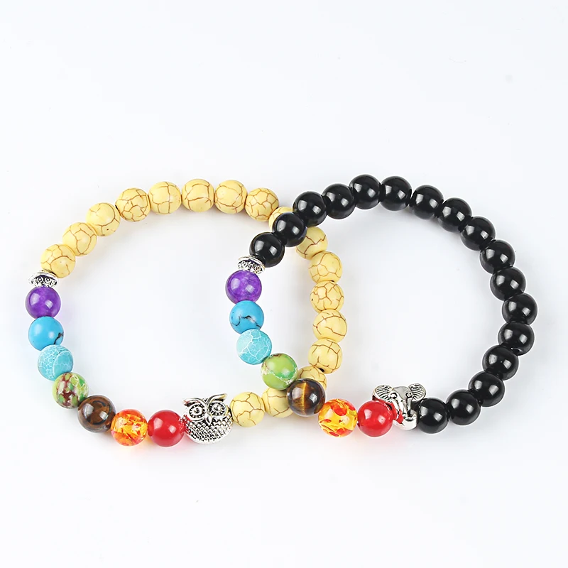 Браслет с натуральным камнем бирюзовый белый черный матовый чакра Сова слон