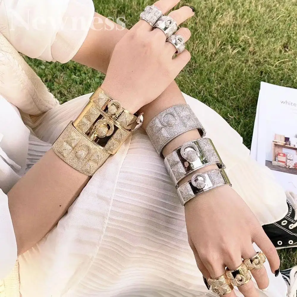 

Newness BIG Luxury trendy Geometric Cubic Zirconia Fashion Luxury Super Copper Women Party Engagement Width Bangle And Ring Set