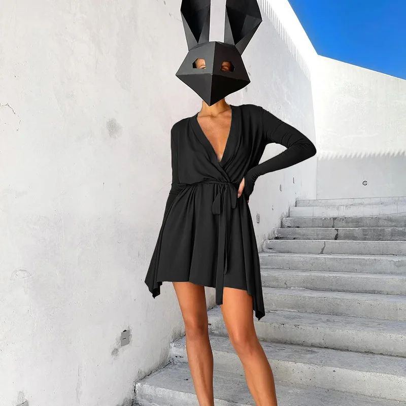 

Elegant Dresses for Women Deep V-Neck Long Sleeve Sexy Dress Mini Evening Party Dresses Pure Colour A-line Dresses