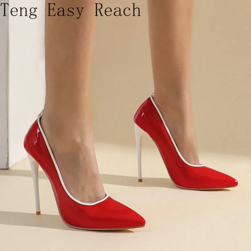 

Sexy Red White Patent Leather Spring High Heels Women Pointed Toe Pumps Fashion Slip on Thin High Heel Summer Dress Shoes Woman