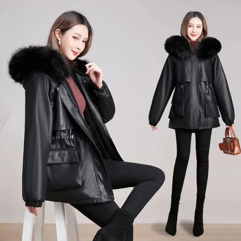 Large Fur Collar Velvet Leather Coat Cotton Coat Mid-Length 2022 New PU Overcoming Fashionable Leather Winter Jacket Women DW08 enlarge