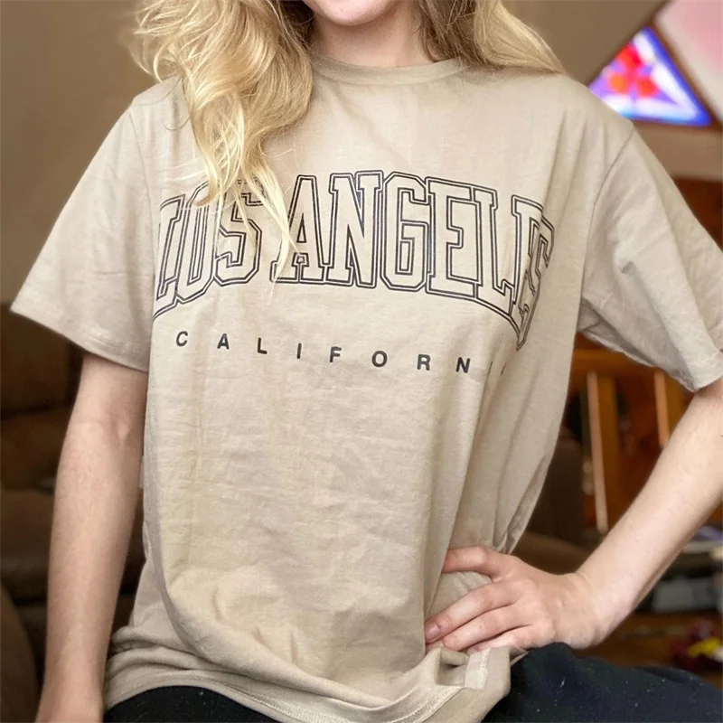 

Streetwear Letter Print Loose Los Angeles Women Short Sleeve Tshirt O Neck Casual Summer Fashion Female Tops Clothes
