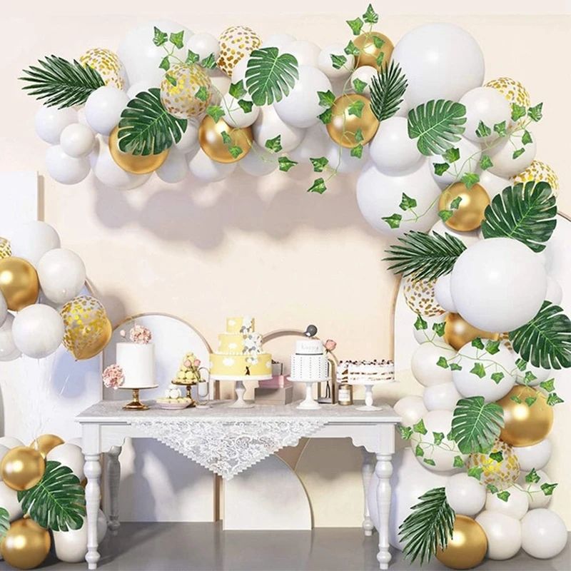 

White Balloon Garland Arch Kit, White Gold Confetti Balloons 116 PCS, Artificial Palm Leaves 12 PCS Wedding Birthday Decorations