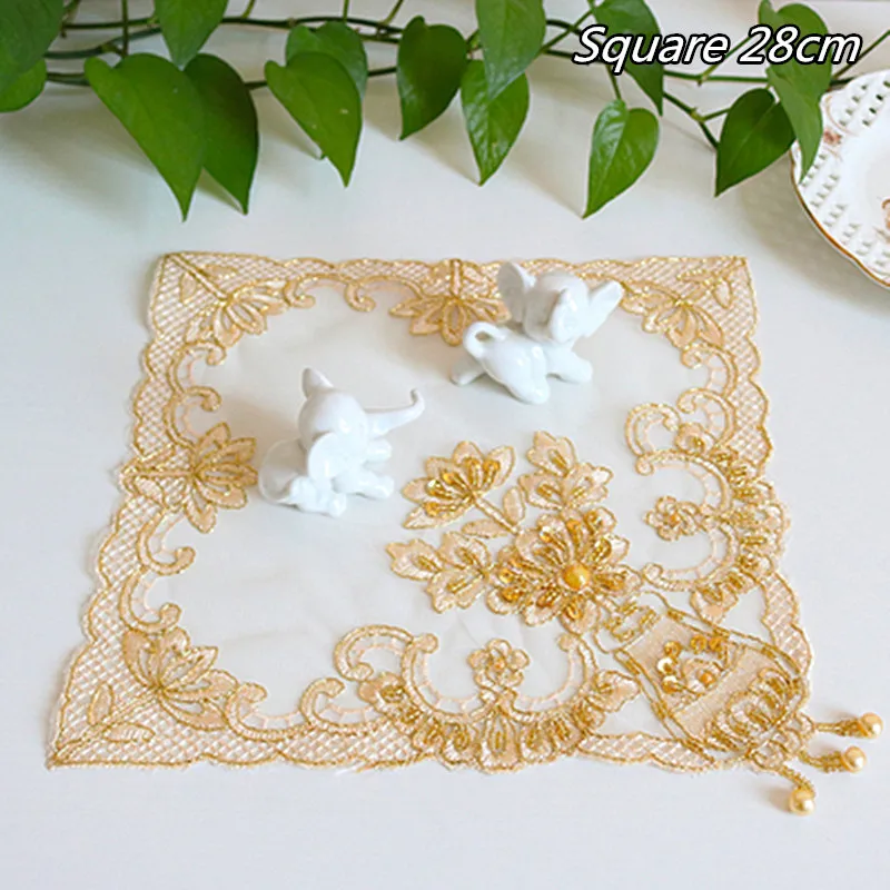 Variety Of Gold Thread Embroidered Bead Pendants Square 28cm Placemat Coaster Tea Set Food Fruit Cover Wedding Party Decoration