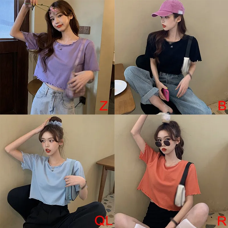 

Retro Hong Kong Style Navel Crop Top Women Bottoming Shirt Loose Knit Short Sleeved T-Shirt