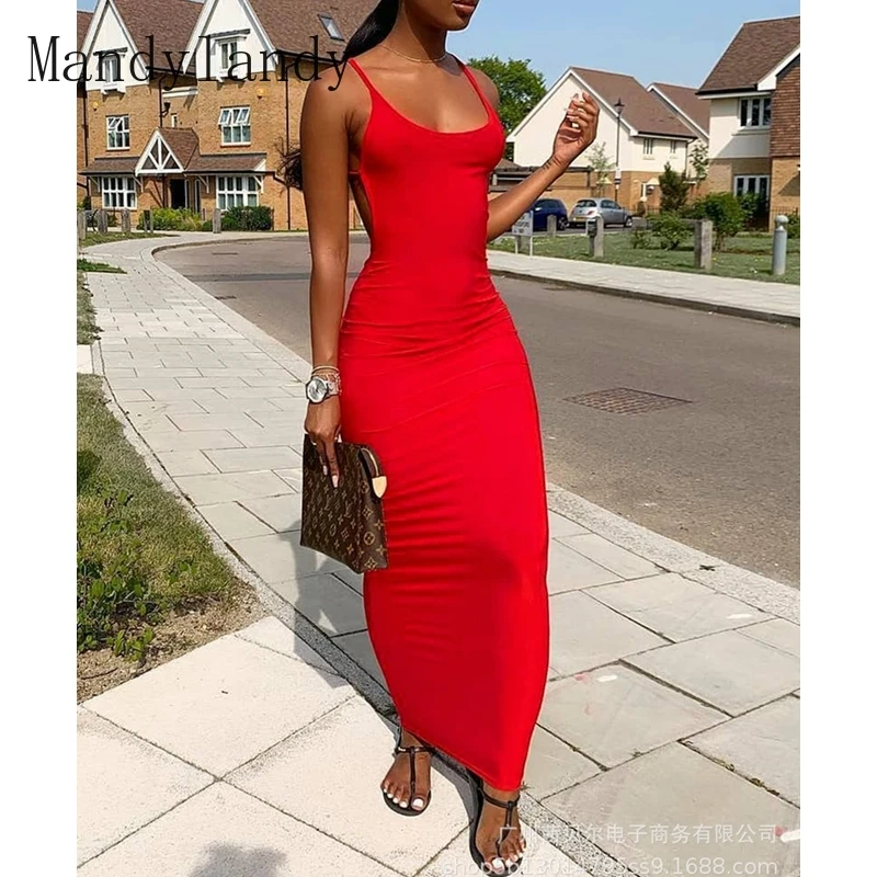 

Mandylandy Dress Summer Solid Color O-Neck Halter Spaghetti Strap High Waist Dress Women's Sexy Slim Fit Backless Bandage Dress