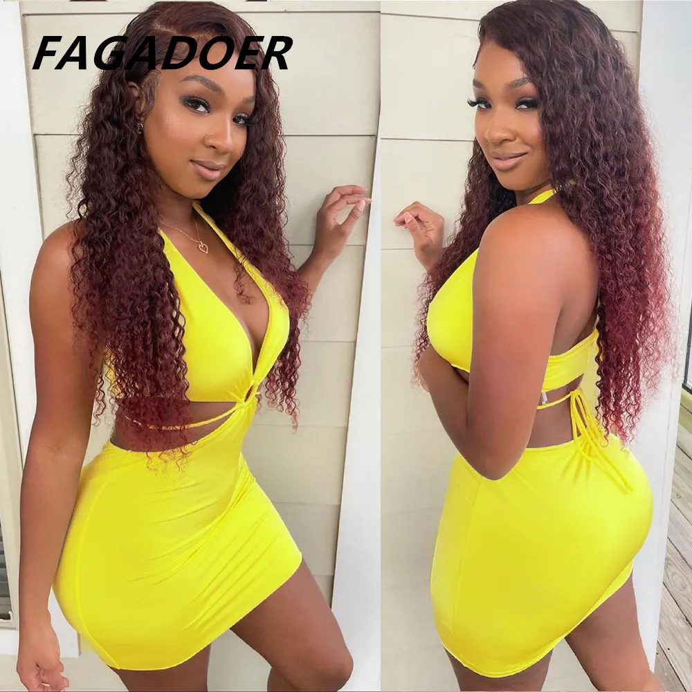 

Fagadoer 2021 Summer Halter Mini Dress Bodycon Women Yellow Hollow Out y2k Beach Party Sleevelss Backless Sexy Dresses
