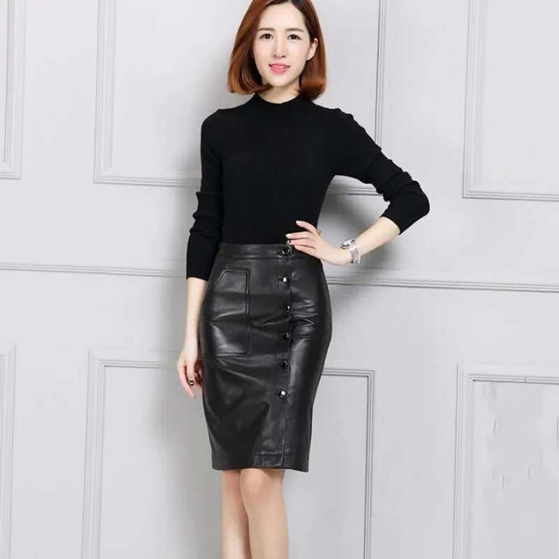 

OL Female High Waist Wrap Midi Skirts Top Brand Elegant Real Leather Sheepskin Skirt 2021 Fashion Pocket Black Skirt Plus Size