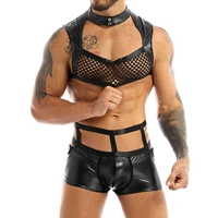 2pcs mens naughty officer cosplay costume set fishnet front crop top with hollow out waist open butt boxer briefs underwear