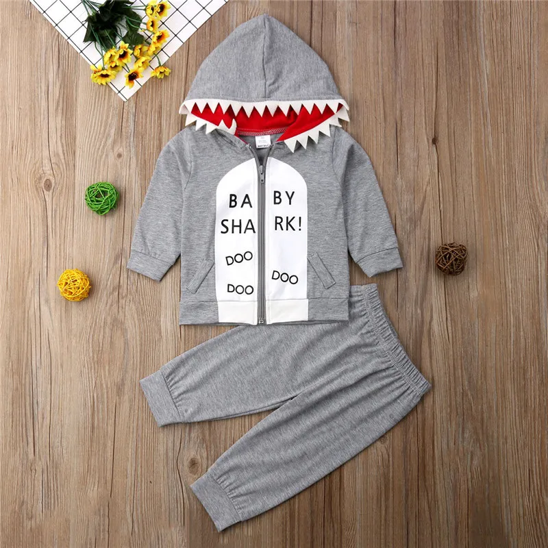 Fashion Toddler Kids Baby Boy Clothes Shark Zipper Hoodie Coat Tops Pants Gray 2Pcs Outfits Set