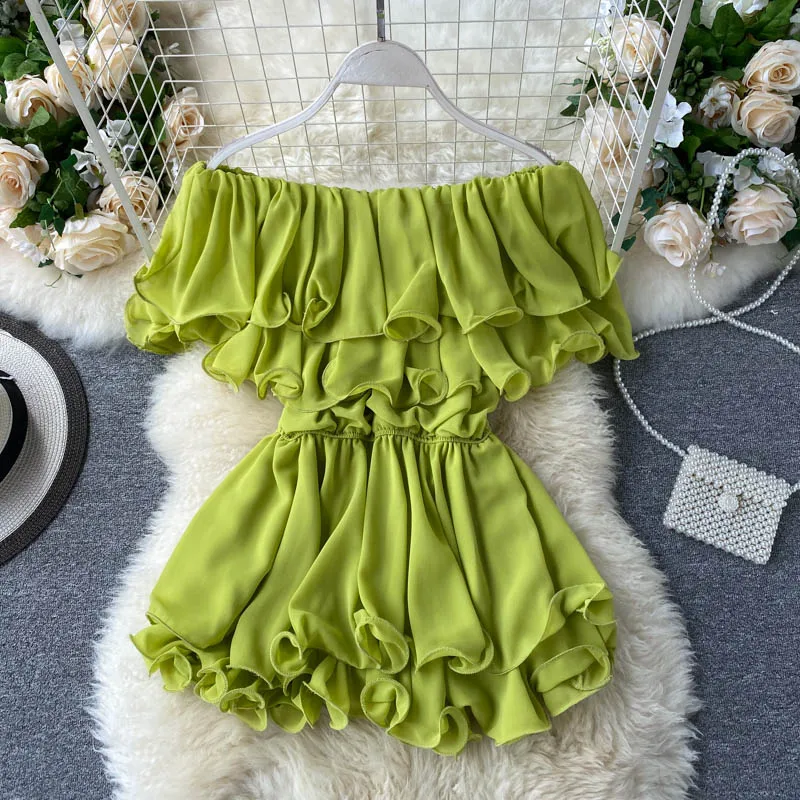 

Europe and the United States Ins Fashion Double Layer Three-dimensional Ruffle, One Line Collar, Shoulder Off, Waist Down,