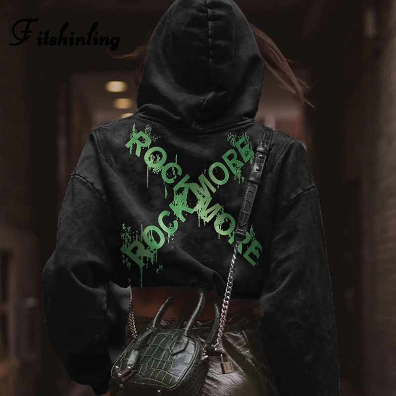 Fitshinling готический темно черный худи для женщин Harajuku крест письмо обрезанная