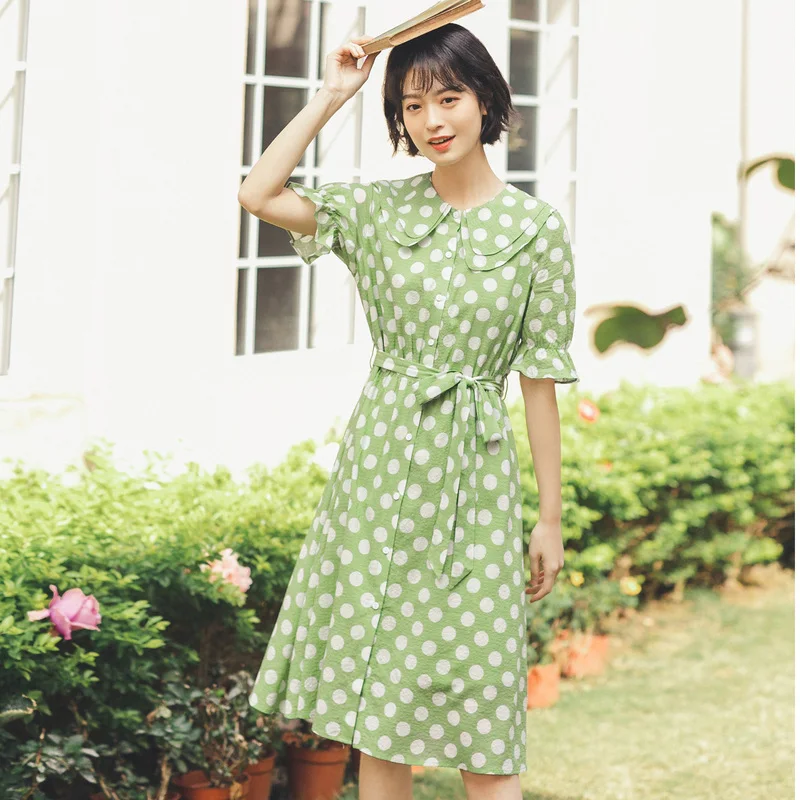 INMAN Summer Doll Collar Retro Wave Point Bowknot Nipped Waist Shourt Sleeve Dress | Женская одежда