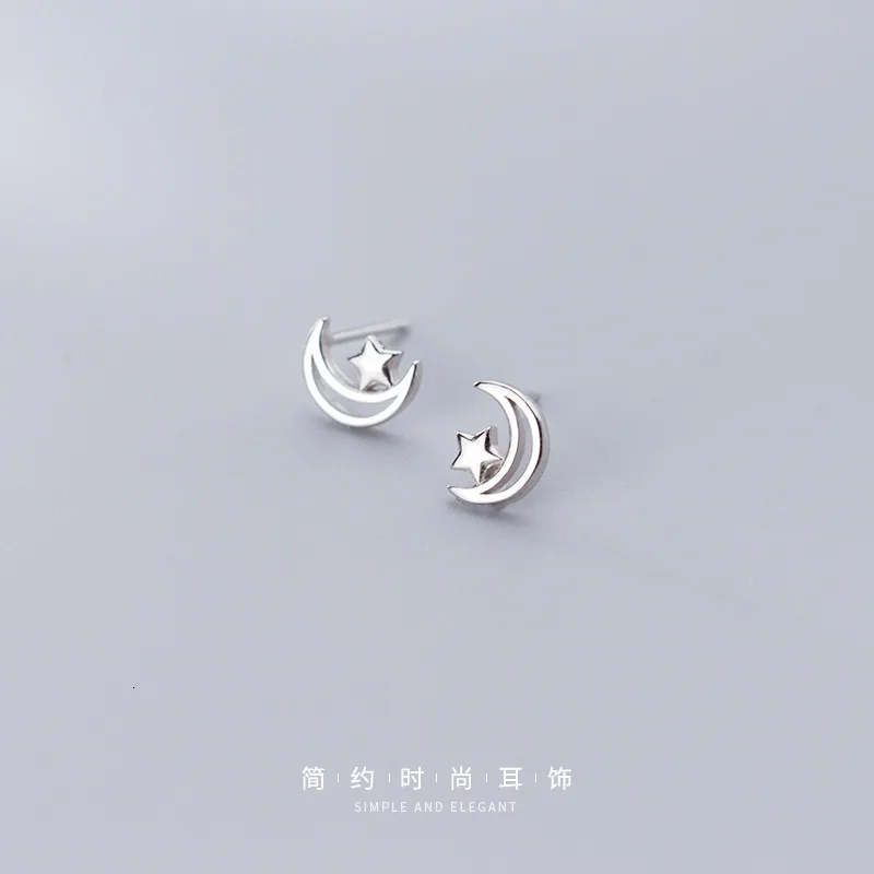 

100% 925 Sterling Silver 2019 Women Jewelry Fashion Cute Tiny Asymmetric Moon Star Stud Earrings For Daughter Girls