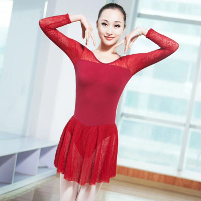 Женское кружевное балетное гимнастическое платье с длинным рукавом