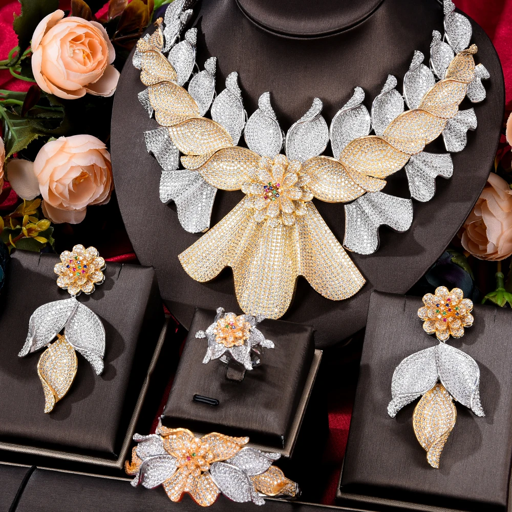 

Siscathy Beautiful Luxury Micro Zircon Flower Jewelry Set For Women Wedding Engagement Party Costume Necklace Accessories Gifts