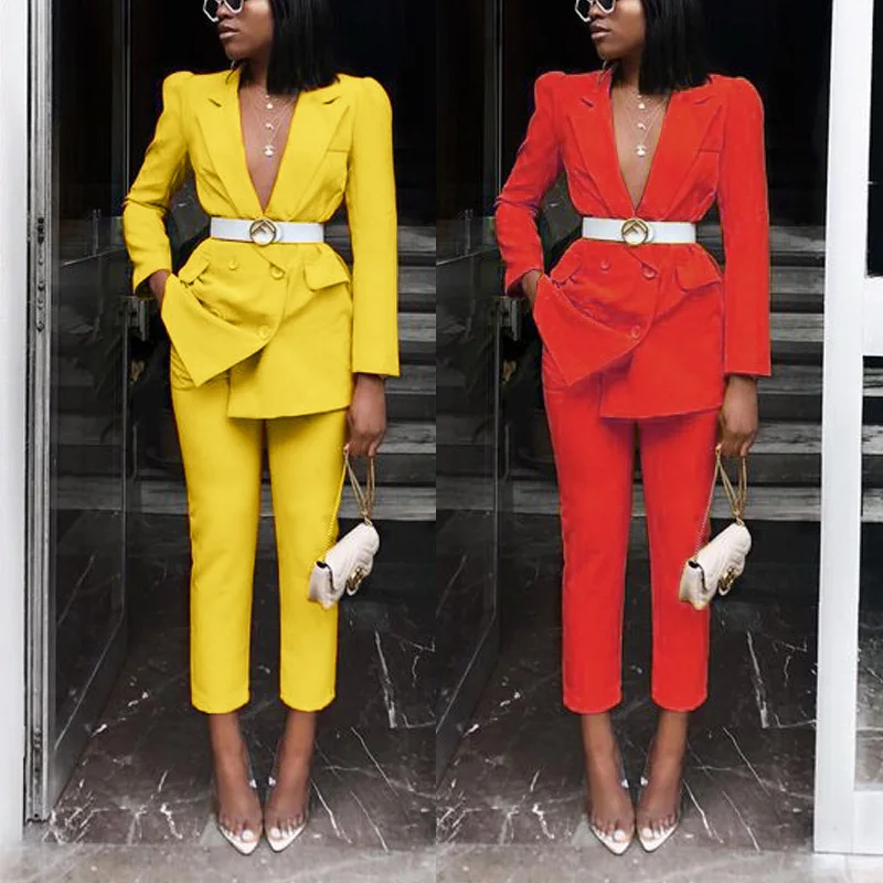 

FAKUNTN Women Business Interview Suit Set Uniform Blazer and Pencil Pant Office Lady Suit Work Pant Suits OL 2 Piece Set