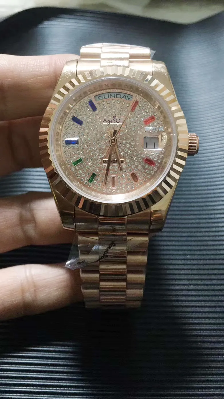 

Classic New Mens Daydate Rose Gold Full Diamond Colorful Dial Watch Automatic Mechanical Stainless Steel Sapphire Watches