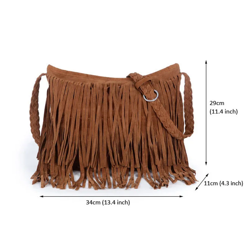 Женская Хиппи Бахрома Кисточкой из искусственной замши Наплечная Сумка Хобо