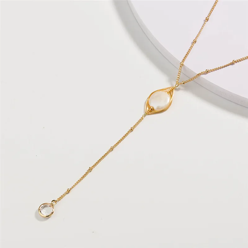 

Chic Long Chain Crystal Pendant Necklace Gold Filament Mosaic Pearl Coin Pin Letter M Natural Stone Layered Choker For Women