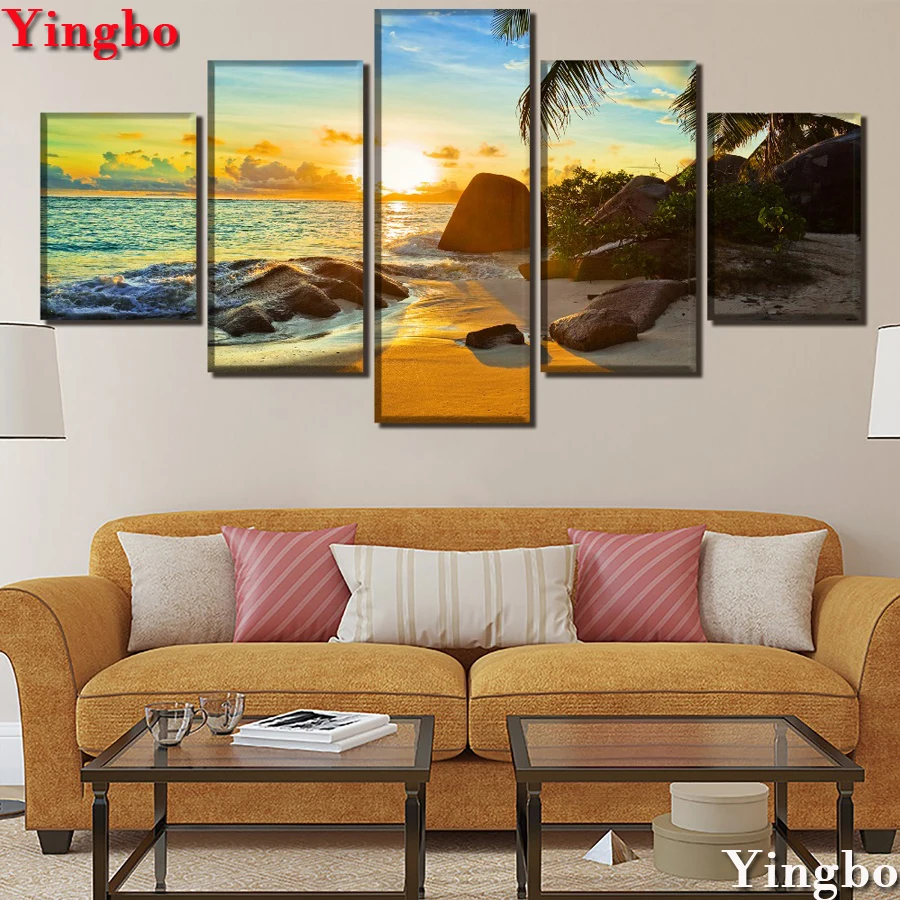 5D Алмазная мозаика 5 панелей морское побережье закат пейзаж Картина из страз DIY