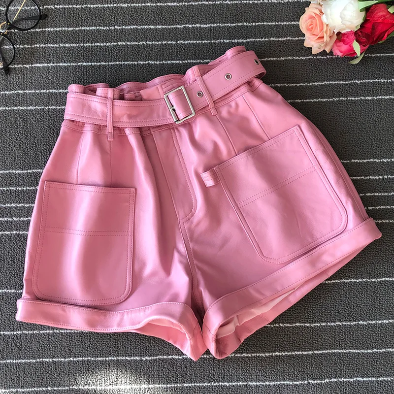 

2020 New Womens Sheepskin Shorts Fashion Belt Leather Shorts High Waist Wide Leg Shorts Pink Loose Pants