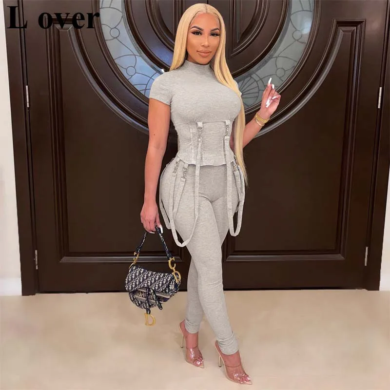 

Hipster Streetwear Casual Solid Two Piece Set for Women Autumn Short Sleeve Adjusable Strap Turtleneck Tees Leggings Slim Outfit