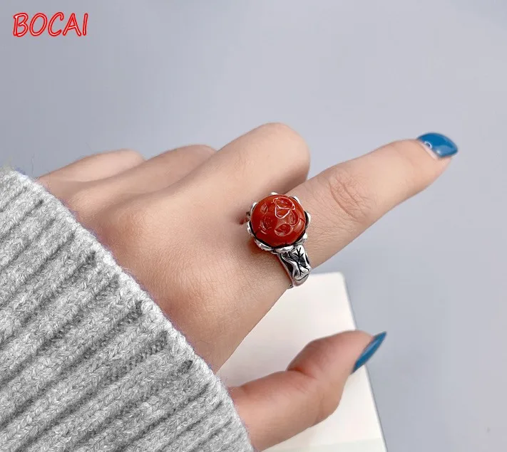 

999 sterling silver southern red agate lotus ring female retro simple and generous fashion Chinese style lotus ring