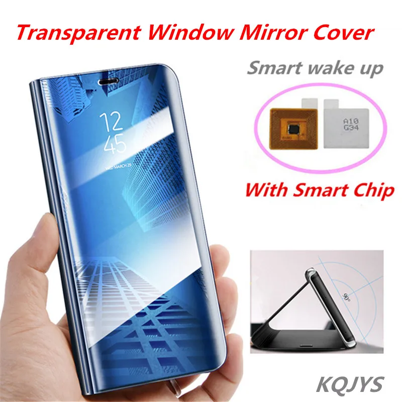 Прозрачный зеркальный флип чехол KQJYS с окошком для Samsung Galaxy S9 S8 Plus S7 S6 Edge смарт чип