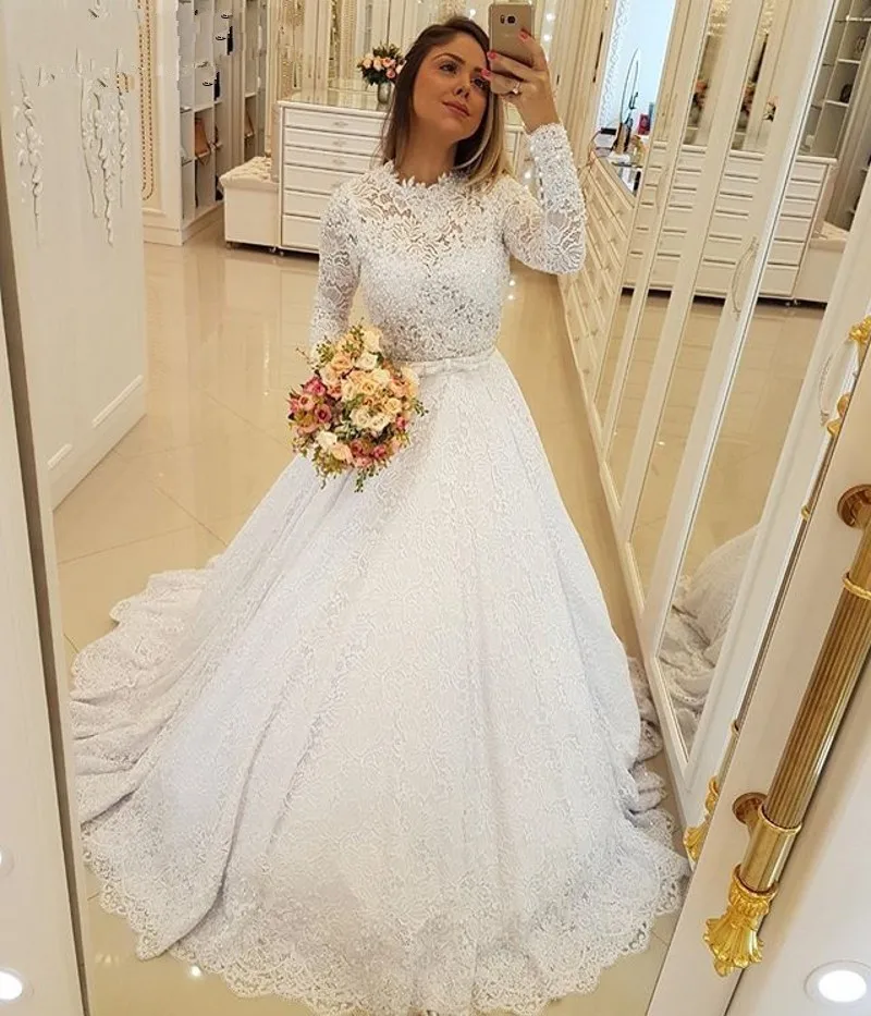 

2021 New Luxury Lace O Neck Wedding Dresses Sweep Train Long Sleeves Button Bow Sash A Line Wedding Gowns vestido de noiva