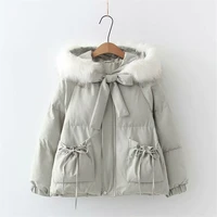 kawaii fashion cotton padded jacket women cute vintage thick warm fur collar hooded coat casual black parka outerwear overcoat
