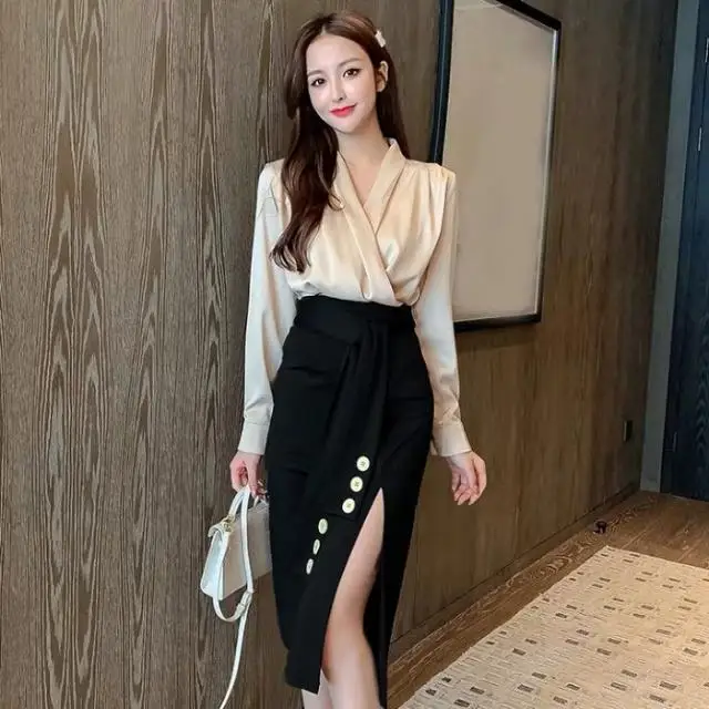 

Женский комплект из двух предметов, рубашка с V-образным вырезом, свободная юбка А-силуэта с бантом и высокой талией, E336, весна 2021