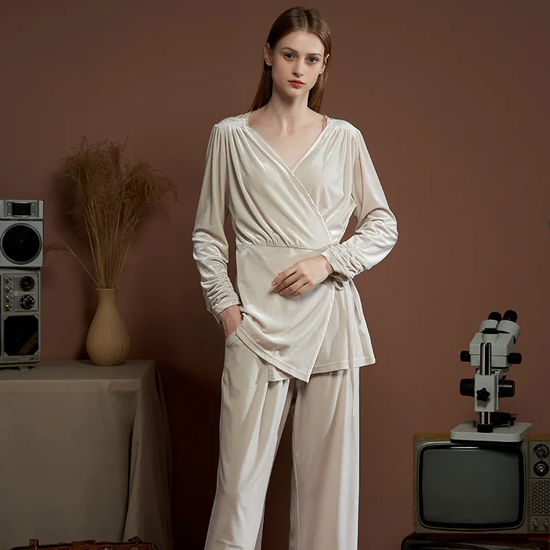 

Autumn Women 2PCS Velour Pajamas Sets Sexy V-Neck Tether Pyjamas Suit Underwear Sleepwear Nightwear Loungewear Home Clothes