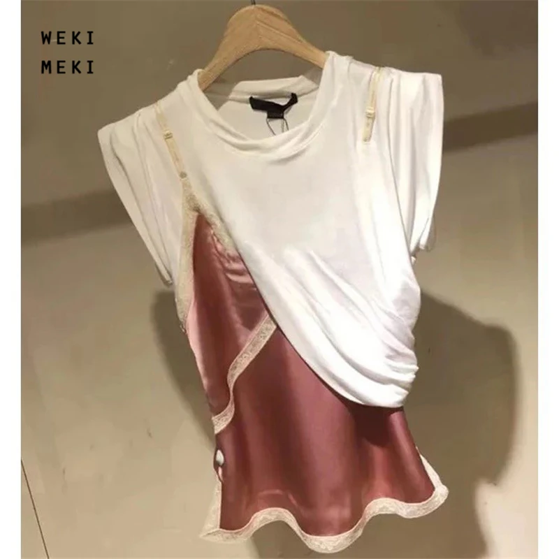 

WEKI MEKI High Quality Summer New Splicing Woman Tshirt Sleeveless Cotton Silk Lace Design Ladies Tshirts Streetwear Tops